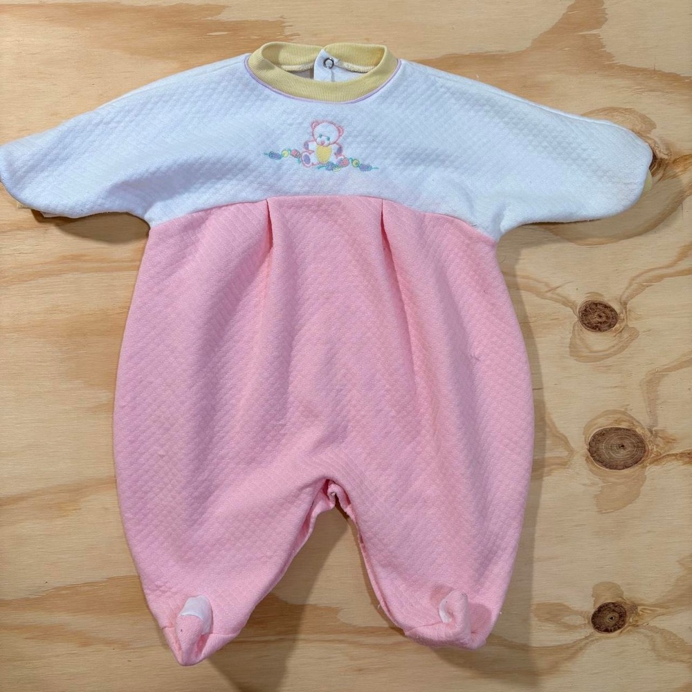 Vintage 90s Baby Girl Pink Teddy Bear Playsuit Embroidered Teddy Bear Flowers